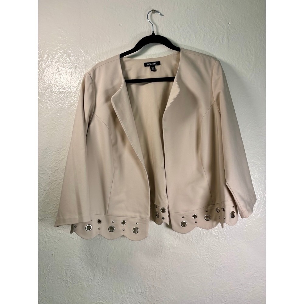 Roz Ali Open Front Blazer Jacket Scalloped Hem Eyelet Cream 1X Office Chic